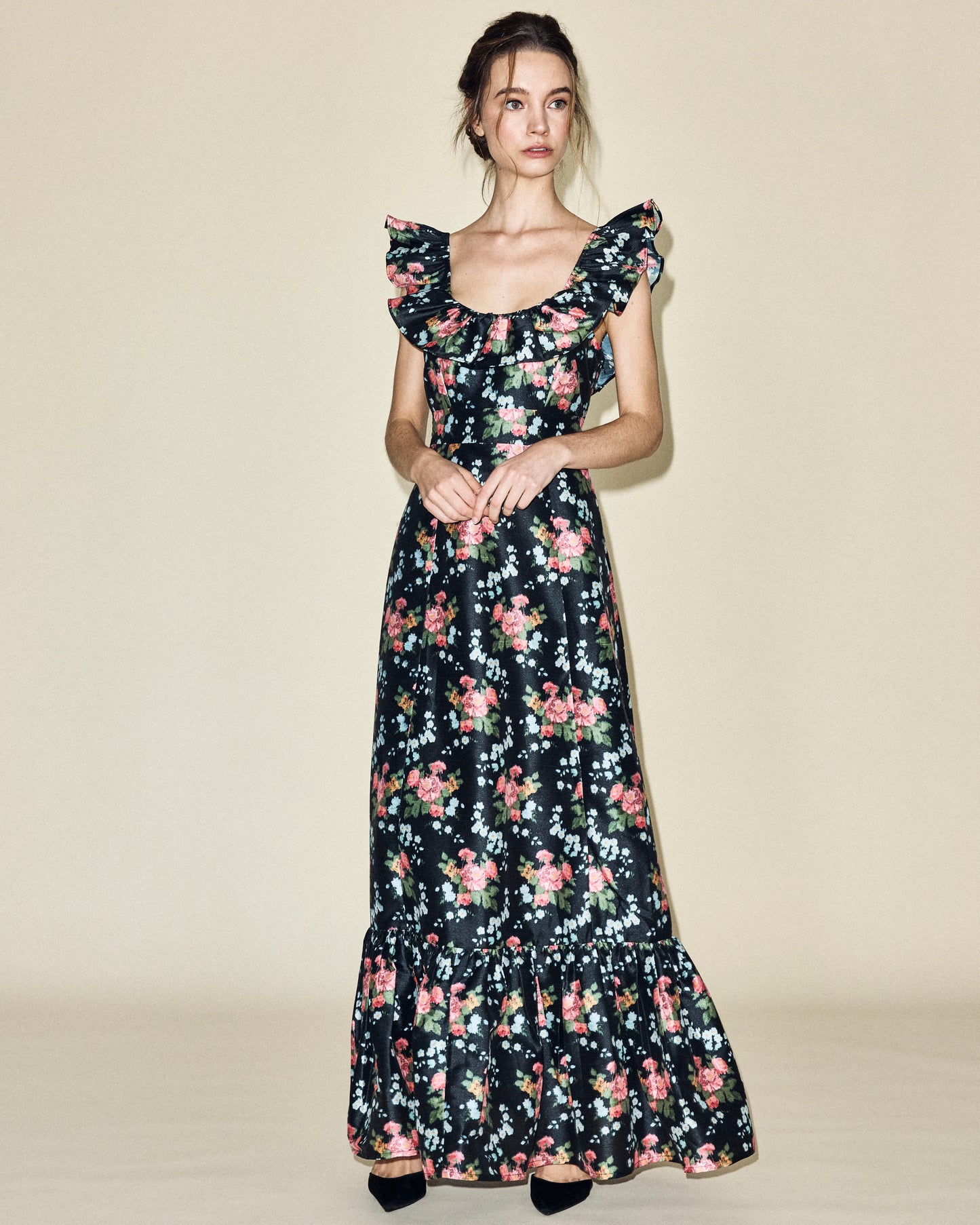 Camille Dress in Black Floral Brocade
