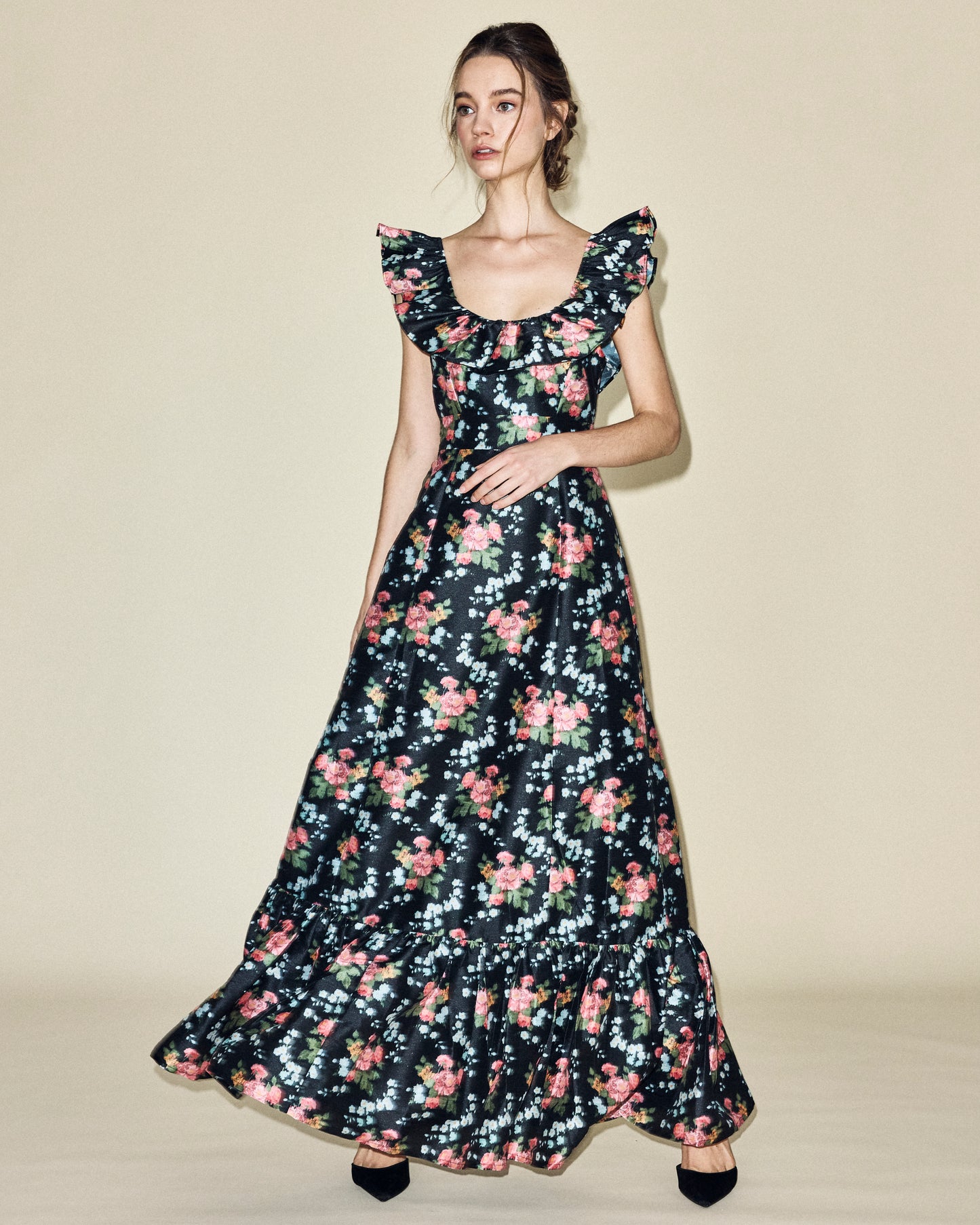 Camille Dress in Black Floral Brocade