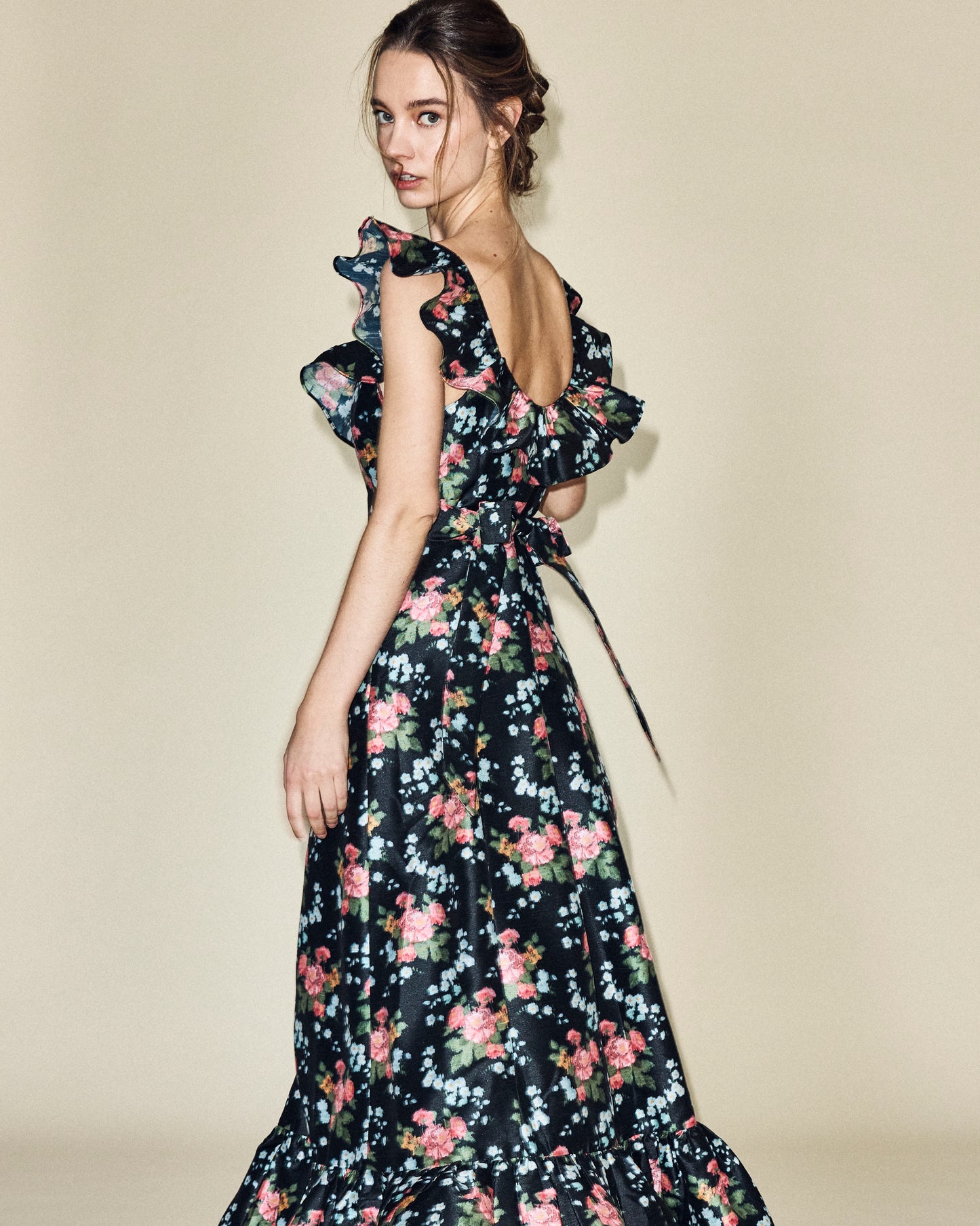 Camille Dress in Black Floral Brocade