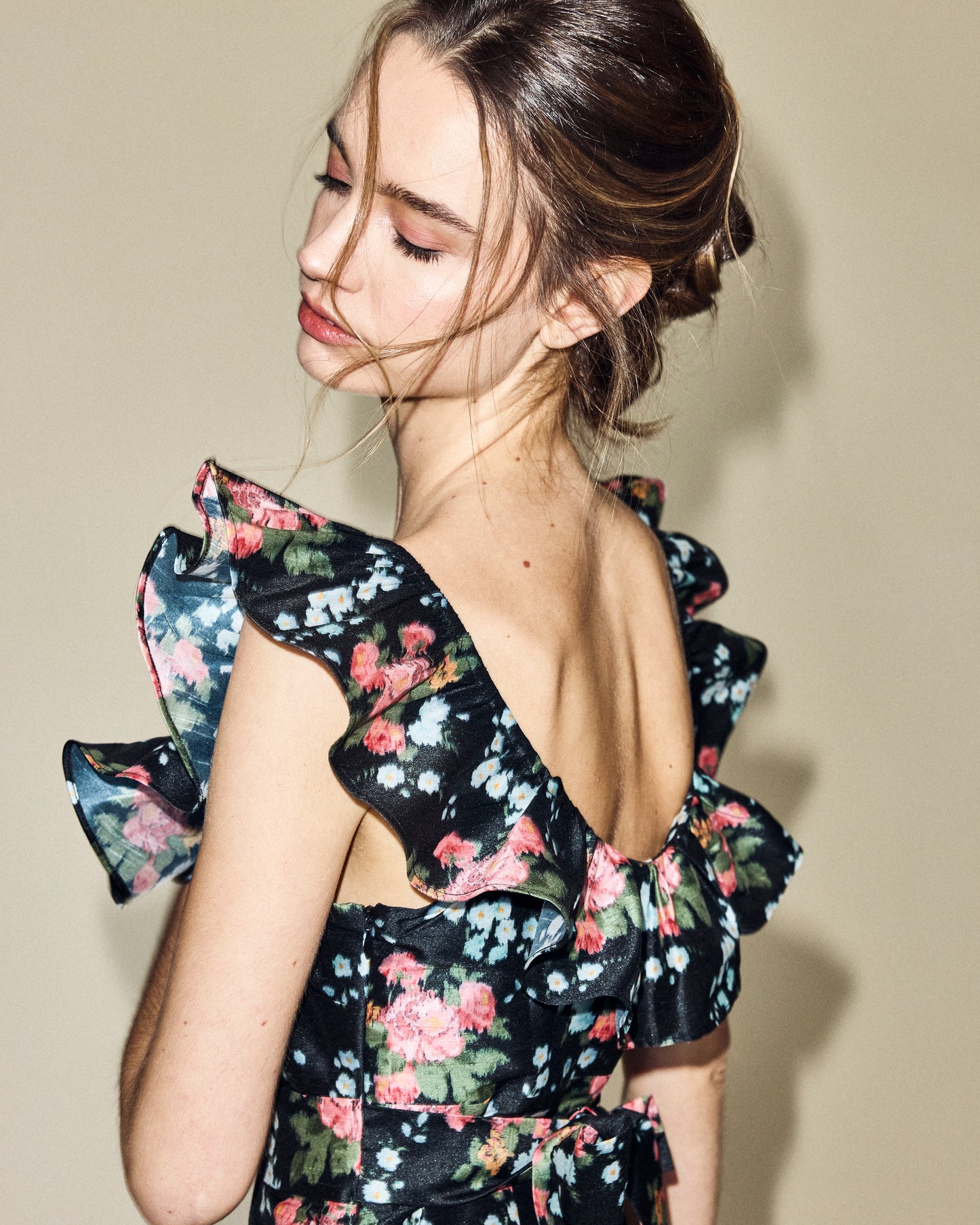 Camille Dress in Black Floral Brocade