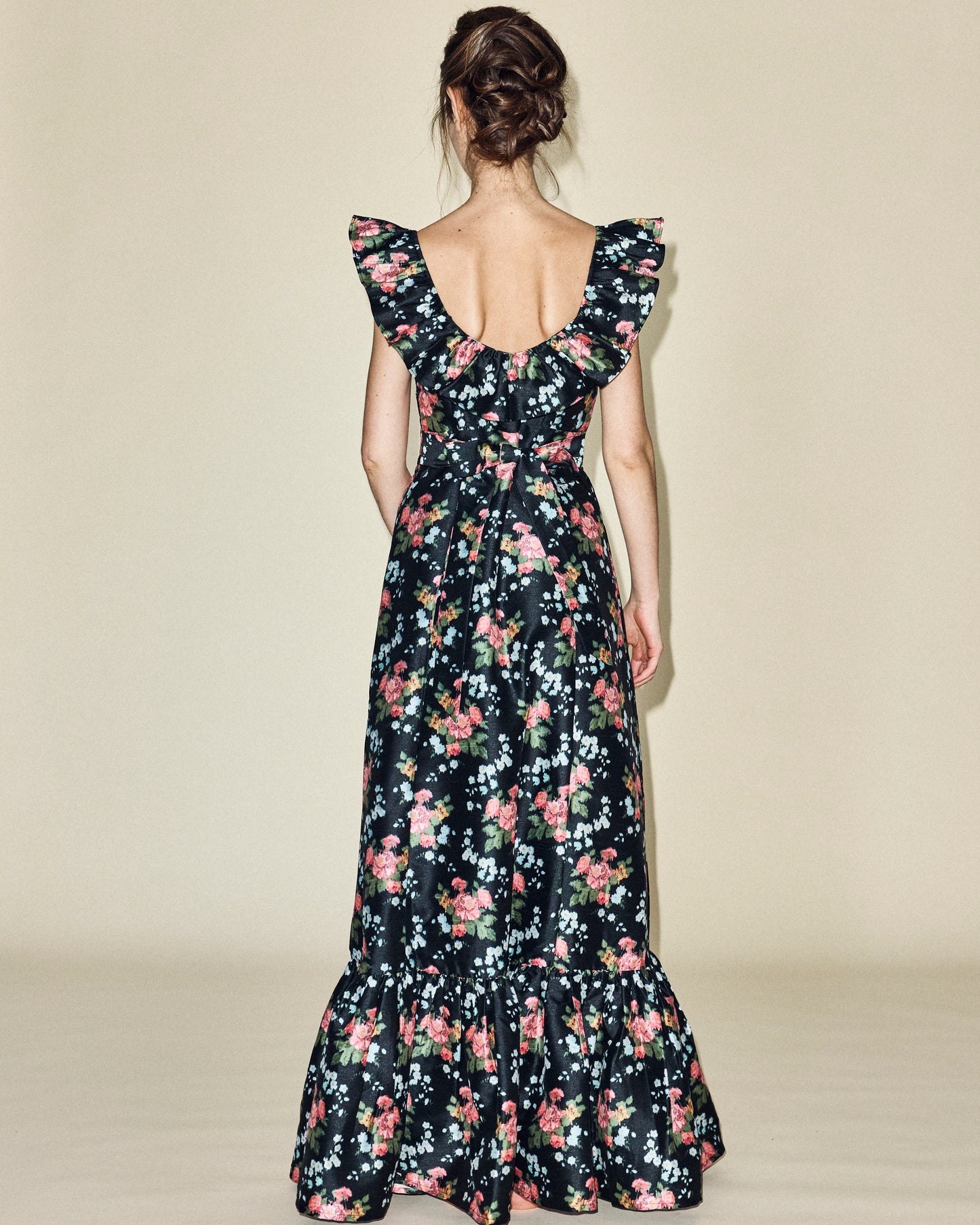 Camille Dress in Black Floral Brocade