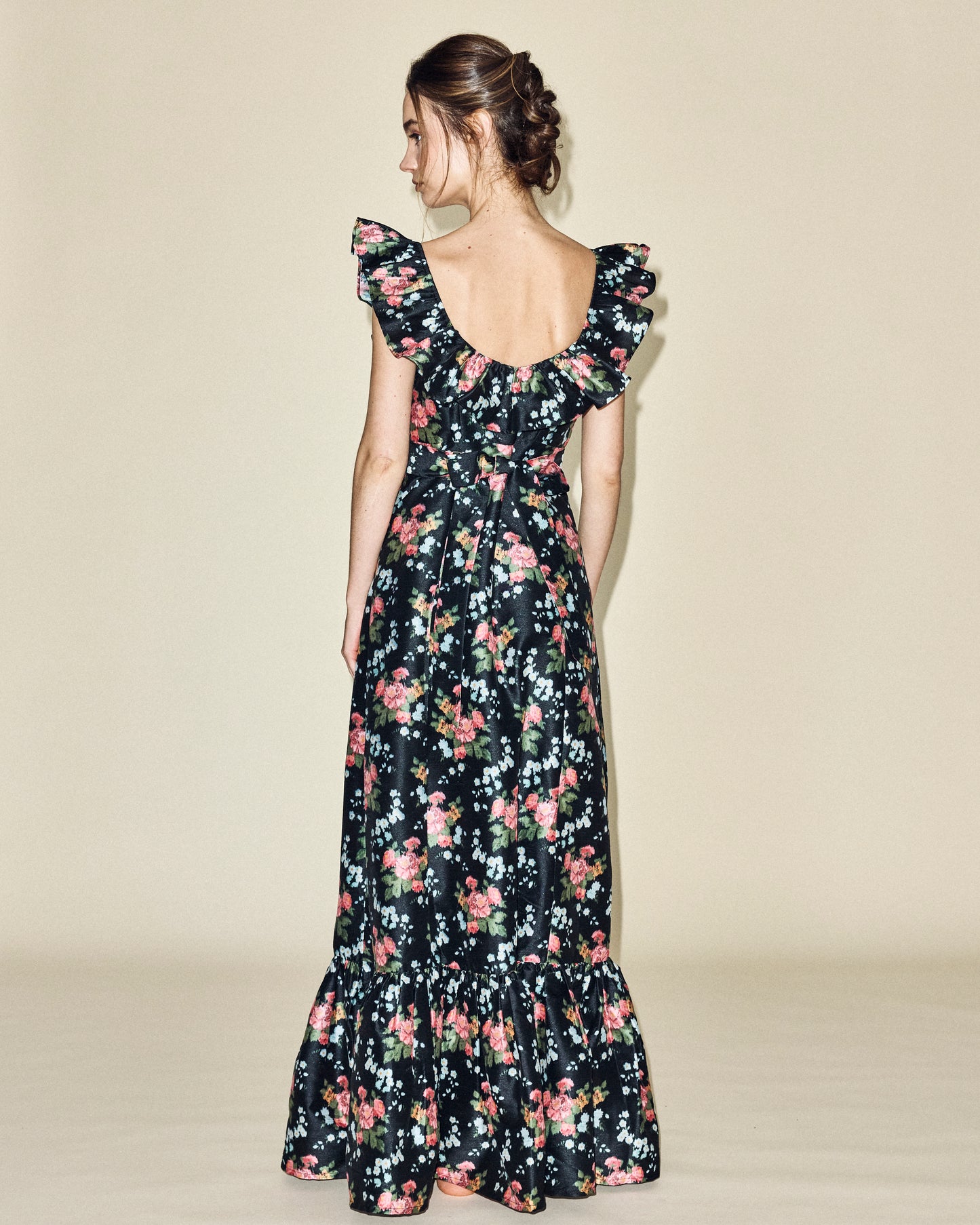Camille Dress in Black Floral Brocade