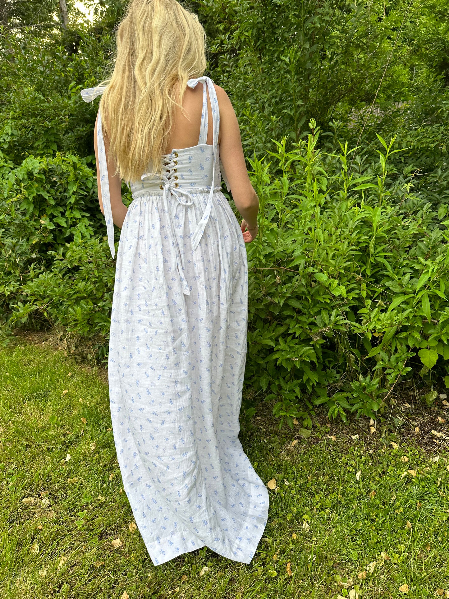 The Marie Dress in Ditsy Blue Floral Linen