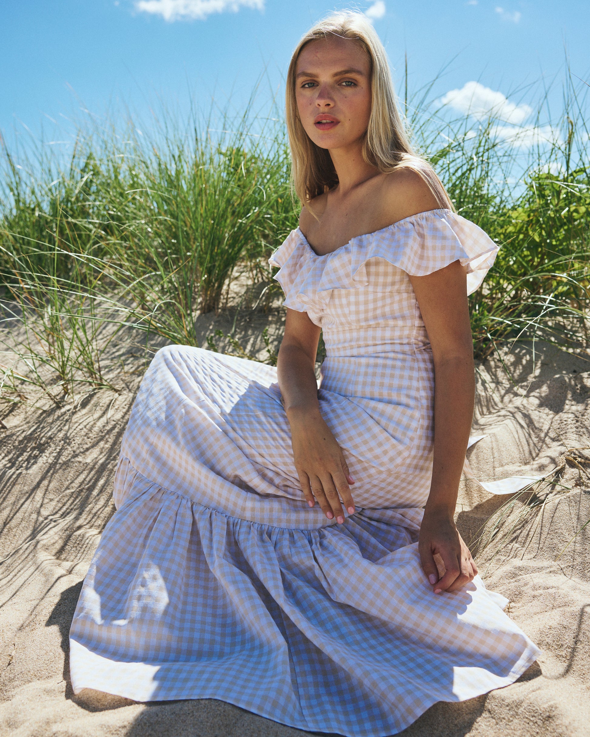 Camille Dress in Tan Gingham – Louise New York