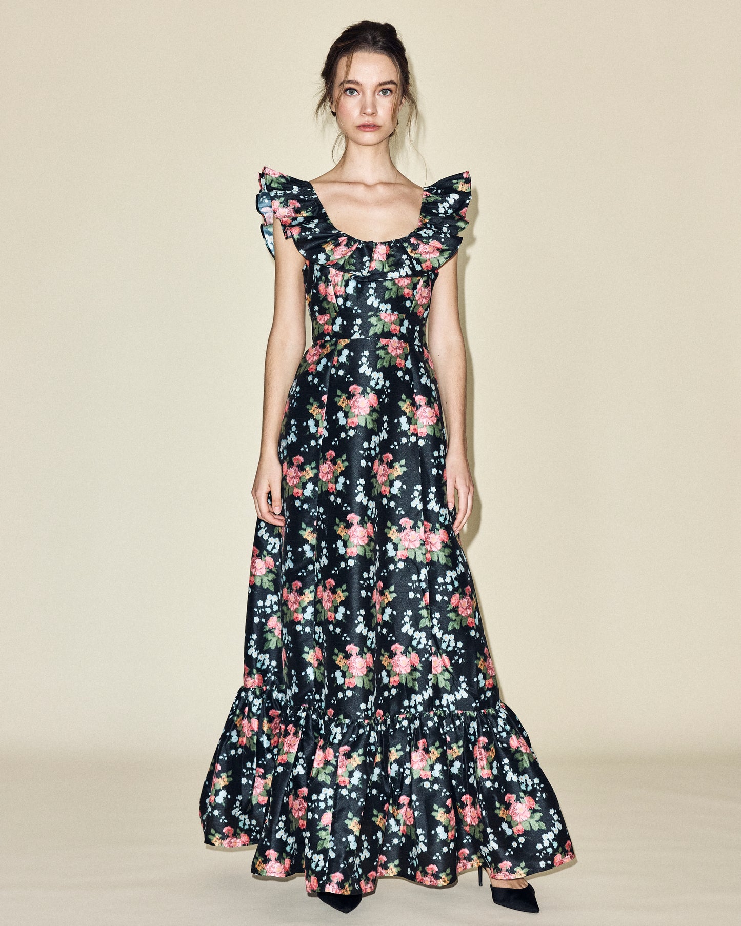 Camille Dress in Black Floral Brocade