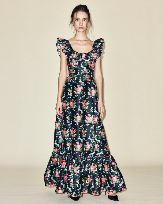 Camille Dress in Black Floral Brocade