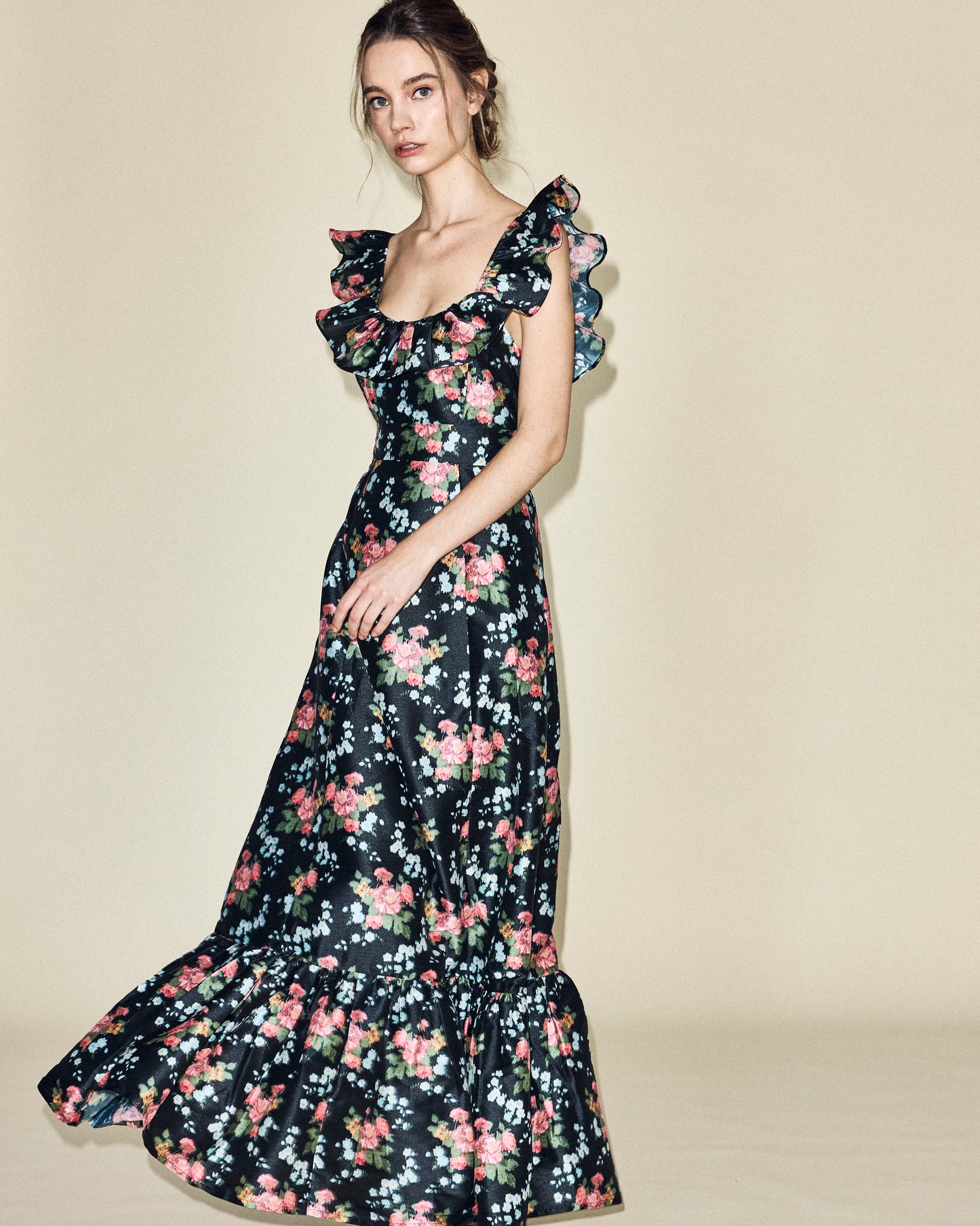 Camille Dress in Black Floral Brocade