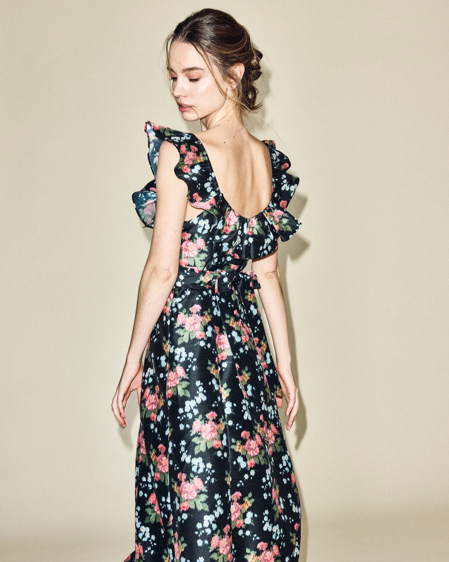 Camille Dress in Black Floral Brocade