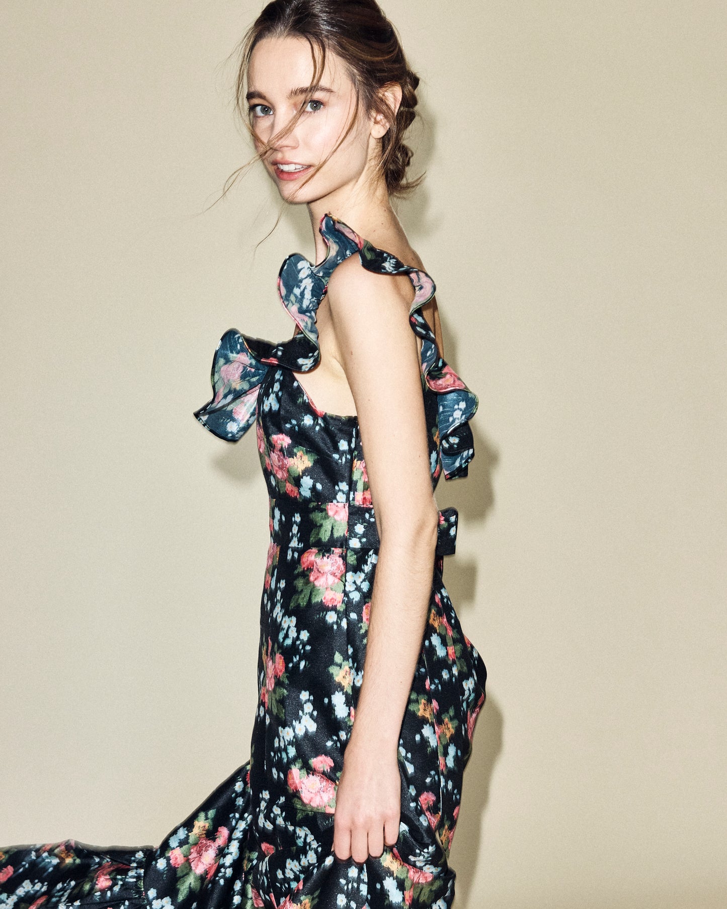 Camille Dress in Black Floral Brocade