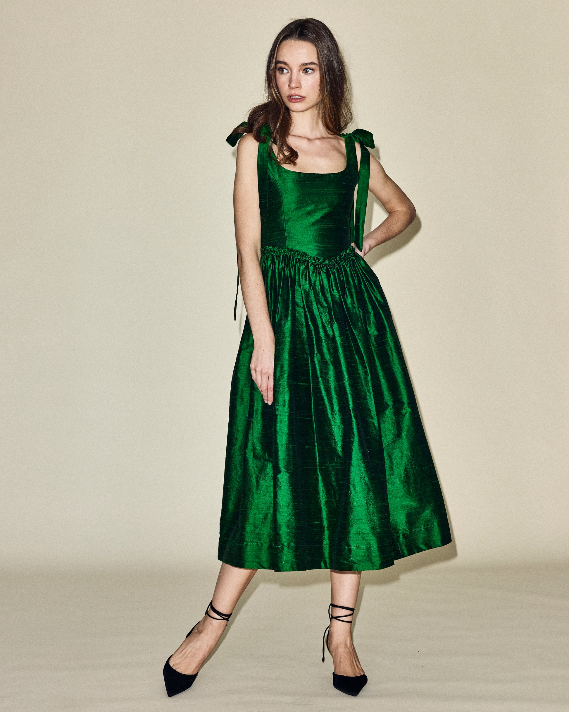 Marie Midi Dress in Emerald Louise New York Marie Midi Dress in Emerald Louise New York