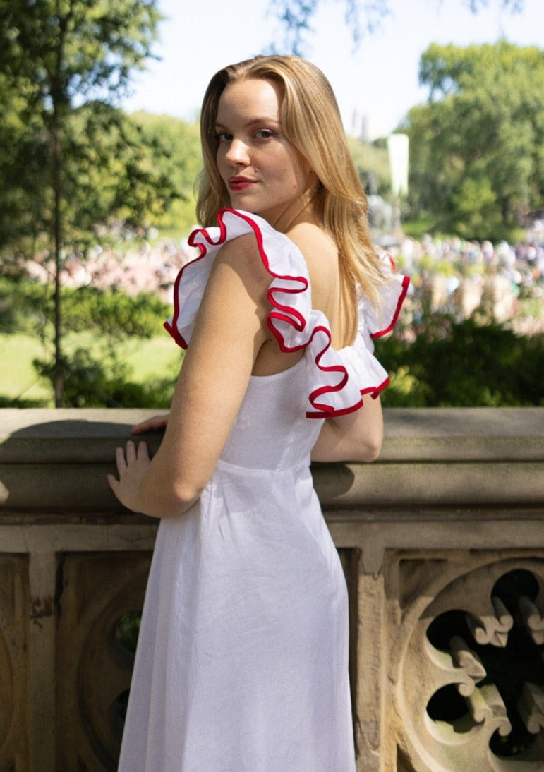 Parker Dress in White with Red Trim