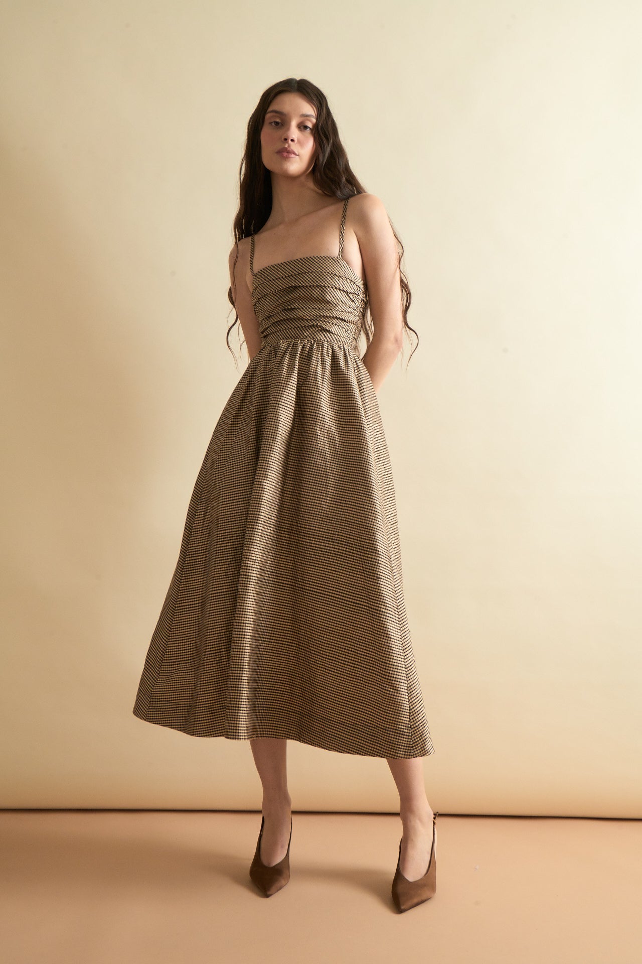 Clementine Dress in Beige Mini Gingham