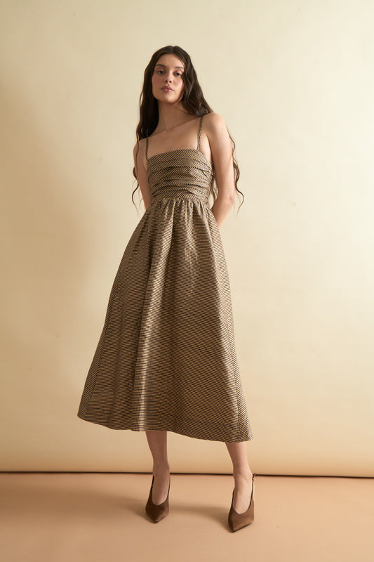 Clementine Dress in Beige Mini Gingham